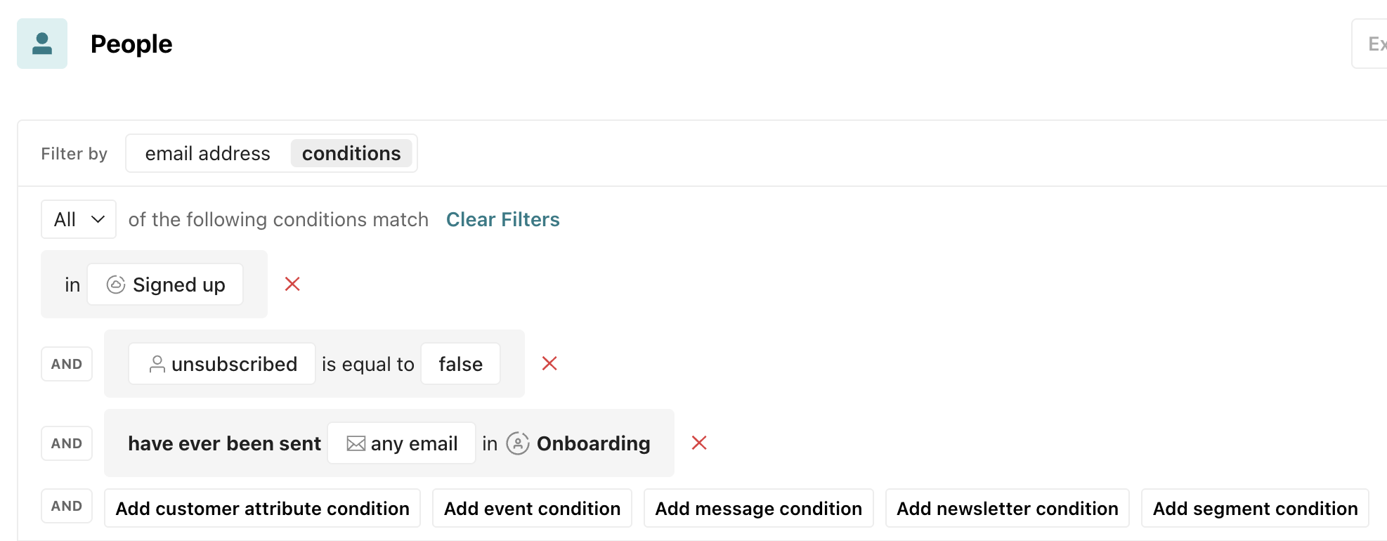 Multiple conditions added to the conditions tab on the People page.