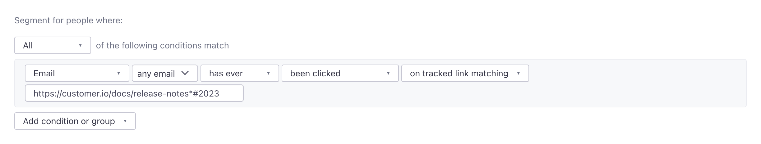 Email where any email has ever been clicked on tracked link matching https://customer.io/release-notes*#2023