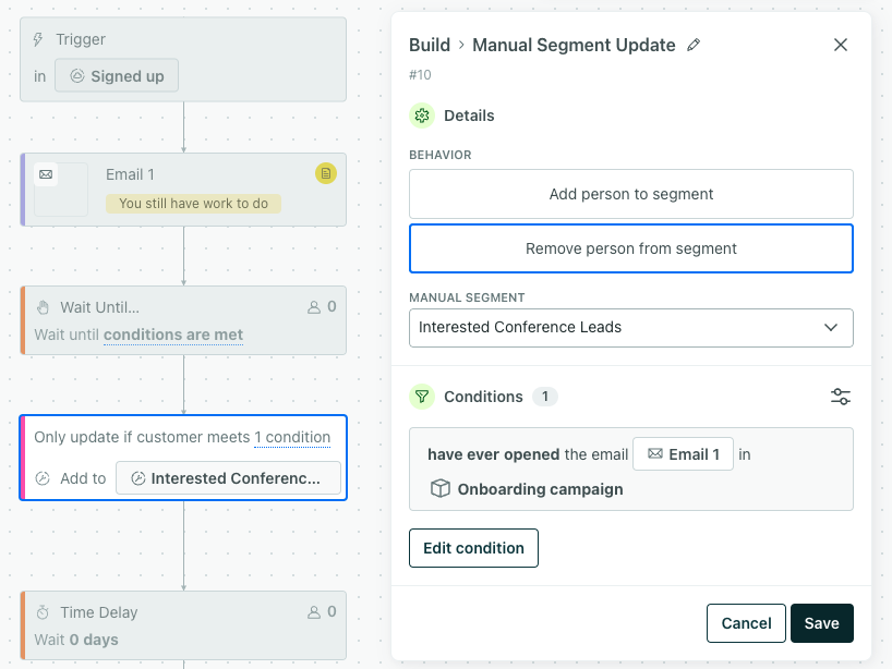 Remove from a Manual Segment via a Workflow Action