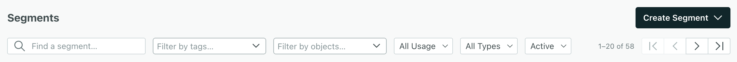 Filter the Segment list through text search or dropdowns like archived vs active