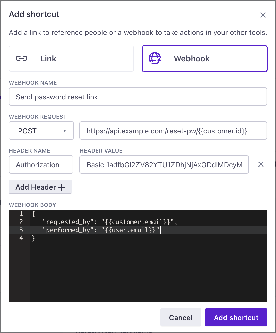 set up a shortcut that executes a webhook