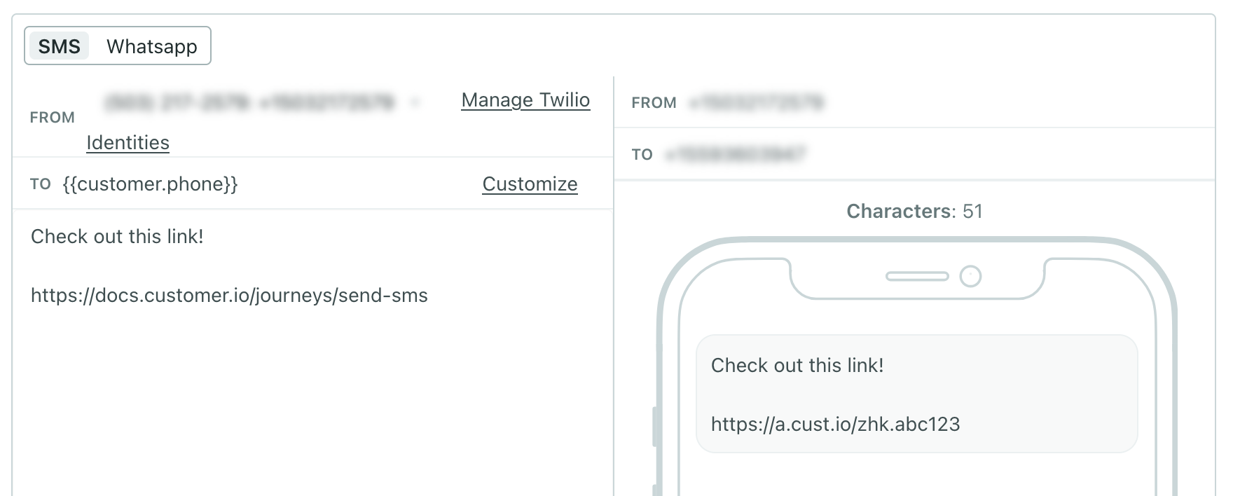 An image showing a shortened links in the preview of an SMS message
