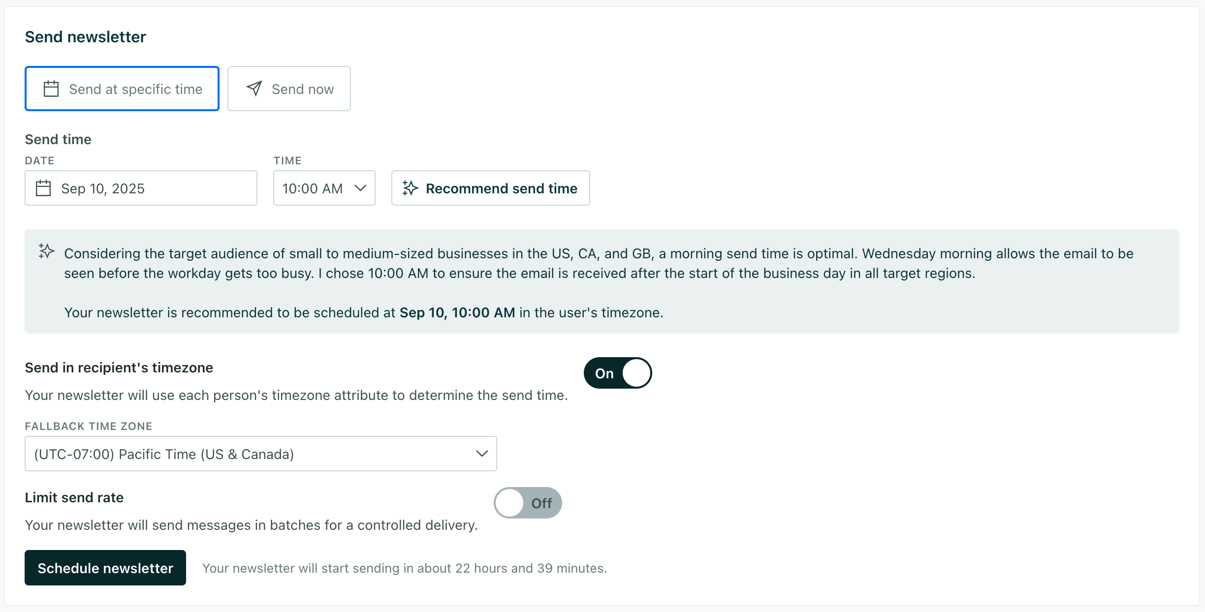 A newsletter with a review step. The recommended send time is selected.