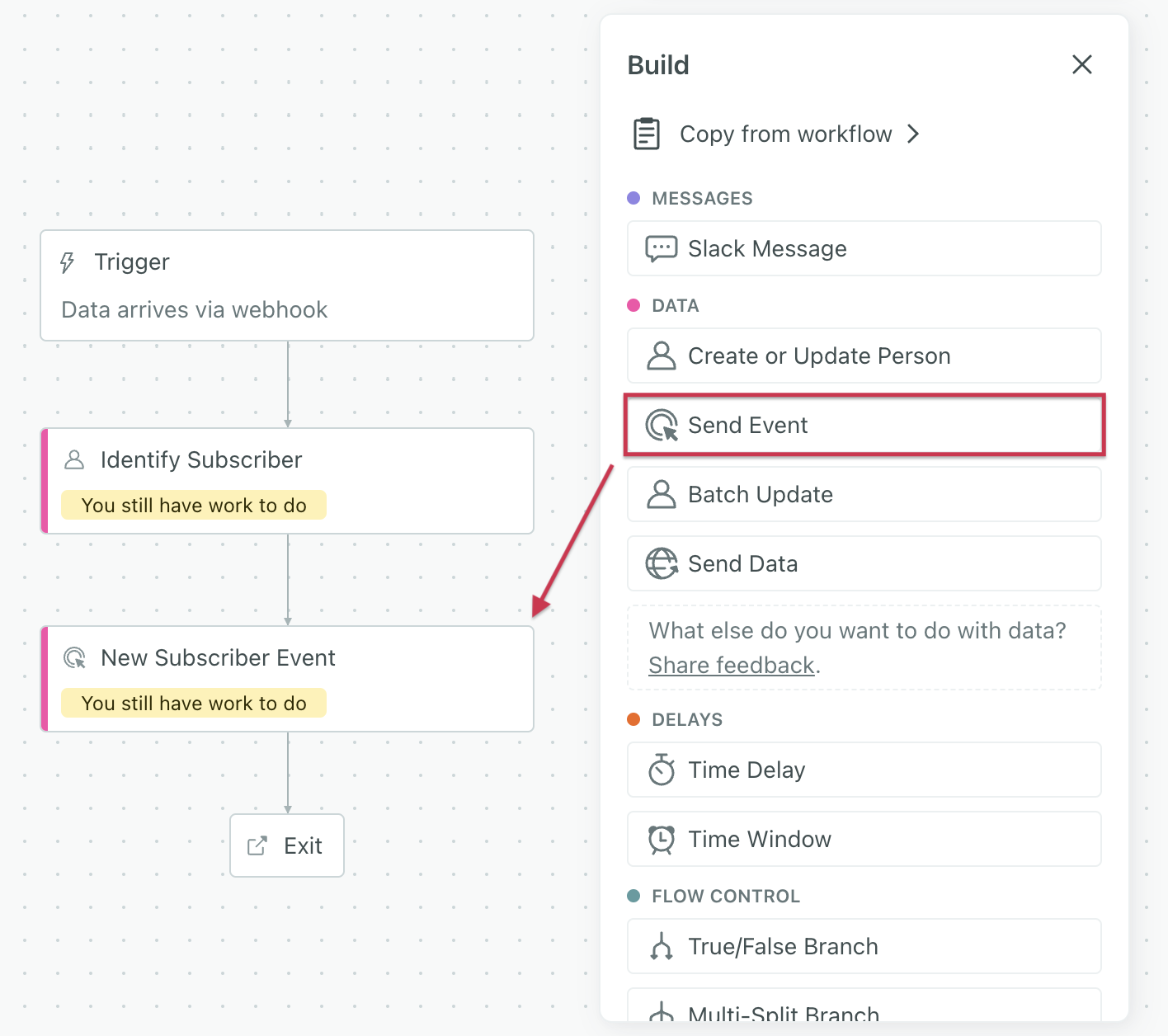 your webhook-triggered campaign workflow after you've set up both data events