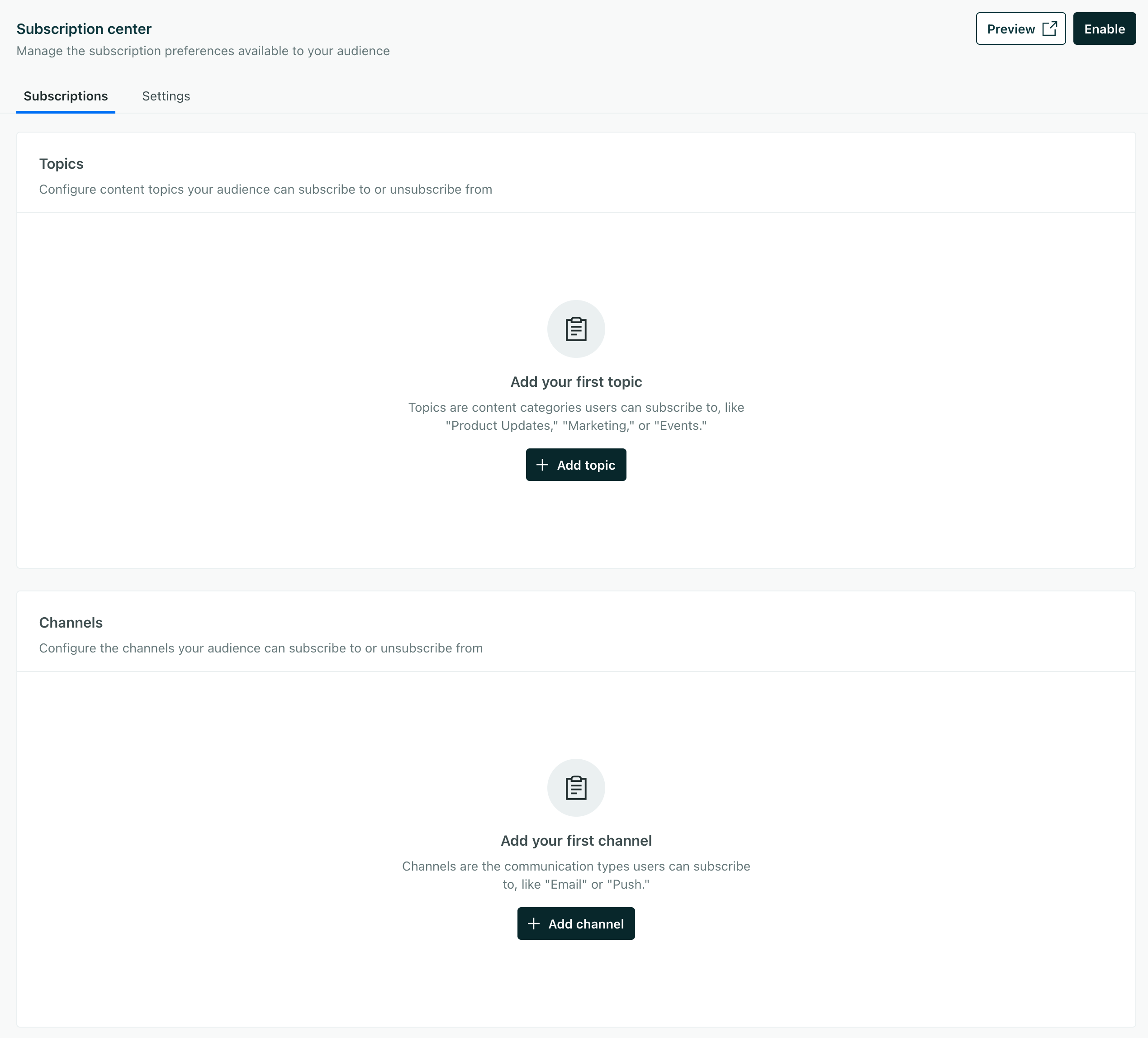 The Add Topic and Add Channel buttons are in the top right of the subscription center landing page.