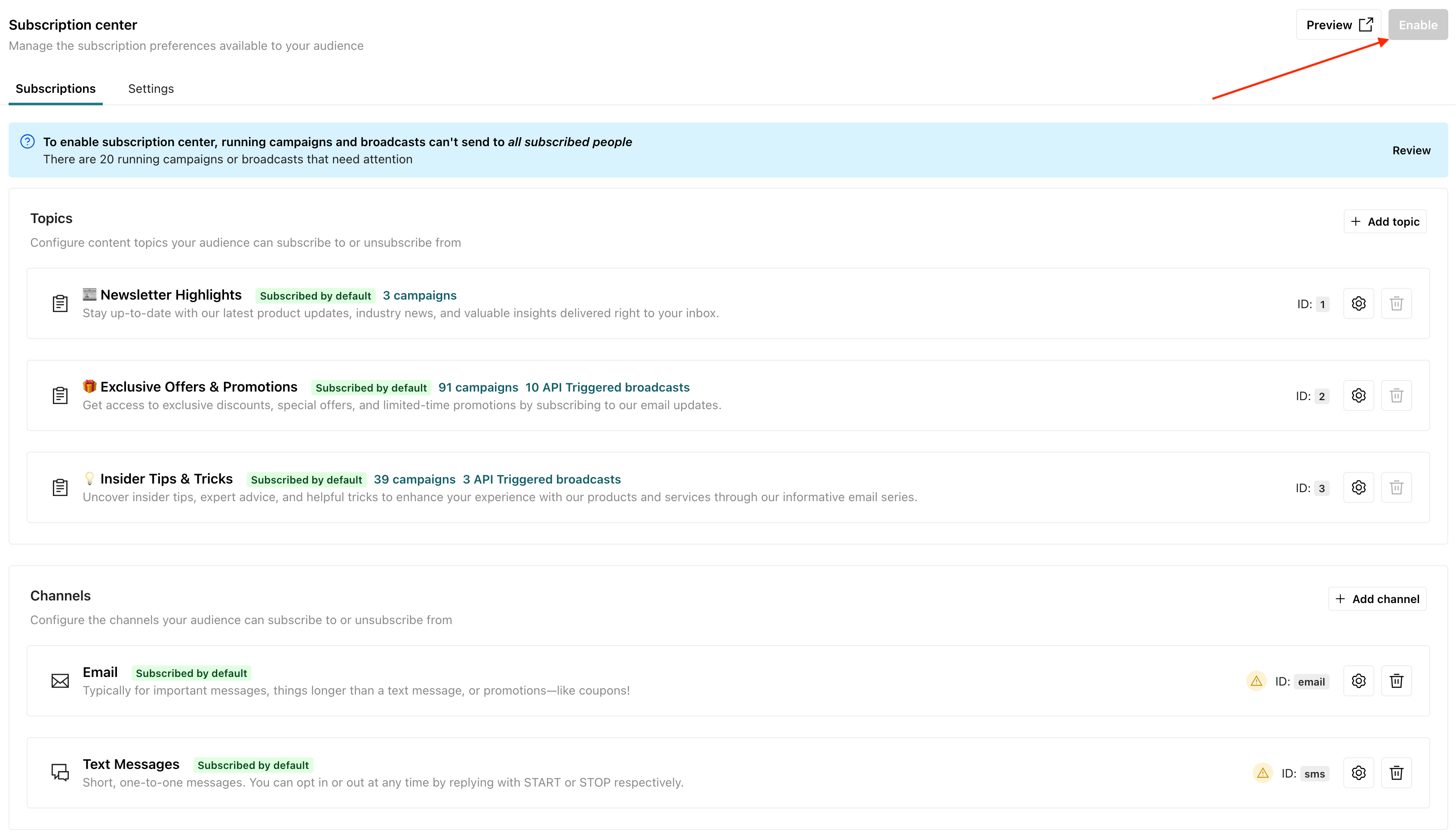 the subscription center page