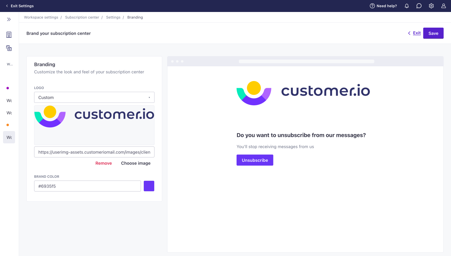 On the left you can choose to upload a logo or change the backgorund color of your unsubscribe button. On the right you can preview the changes before making them live.