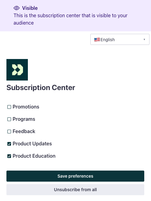 This shows the subscription preferences page. In the middle of the page is the prompt Choose what messages you'd like to receive. We'll send you only the content you're interested in. There are three checkboxes next to each topic preference. At the bottom are two buttons. On the left, Save Preferences and on the right, Unsubscribe from all, which is the global unsubscribe button.