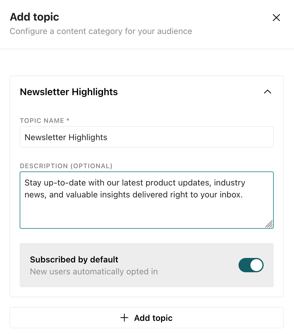 The default status of a topic is set to Off. The default status of a channel is set to On.