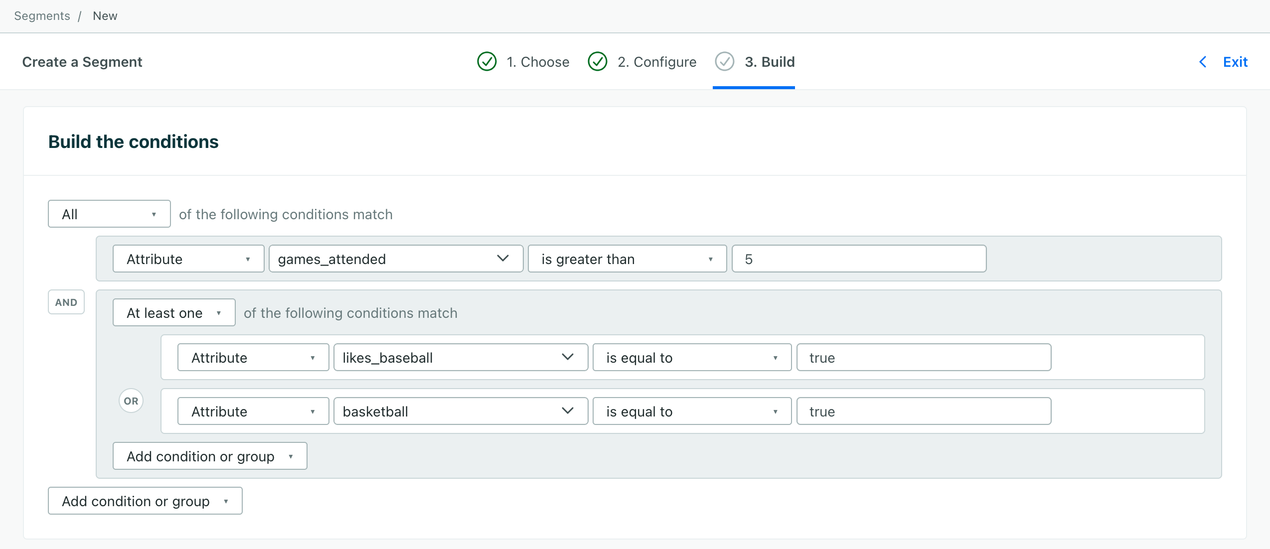 The segment Build page conditions for the Engaged Sports Enthusiasts segment