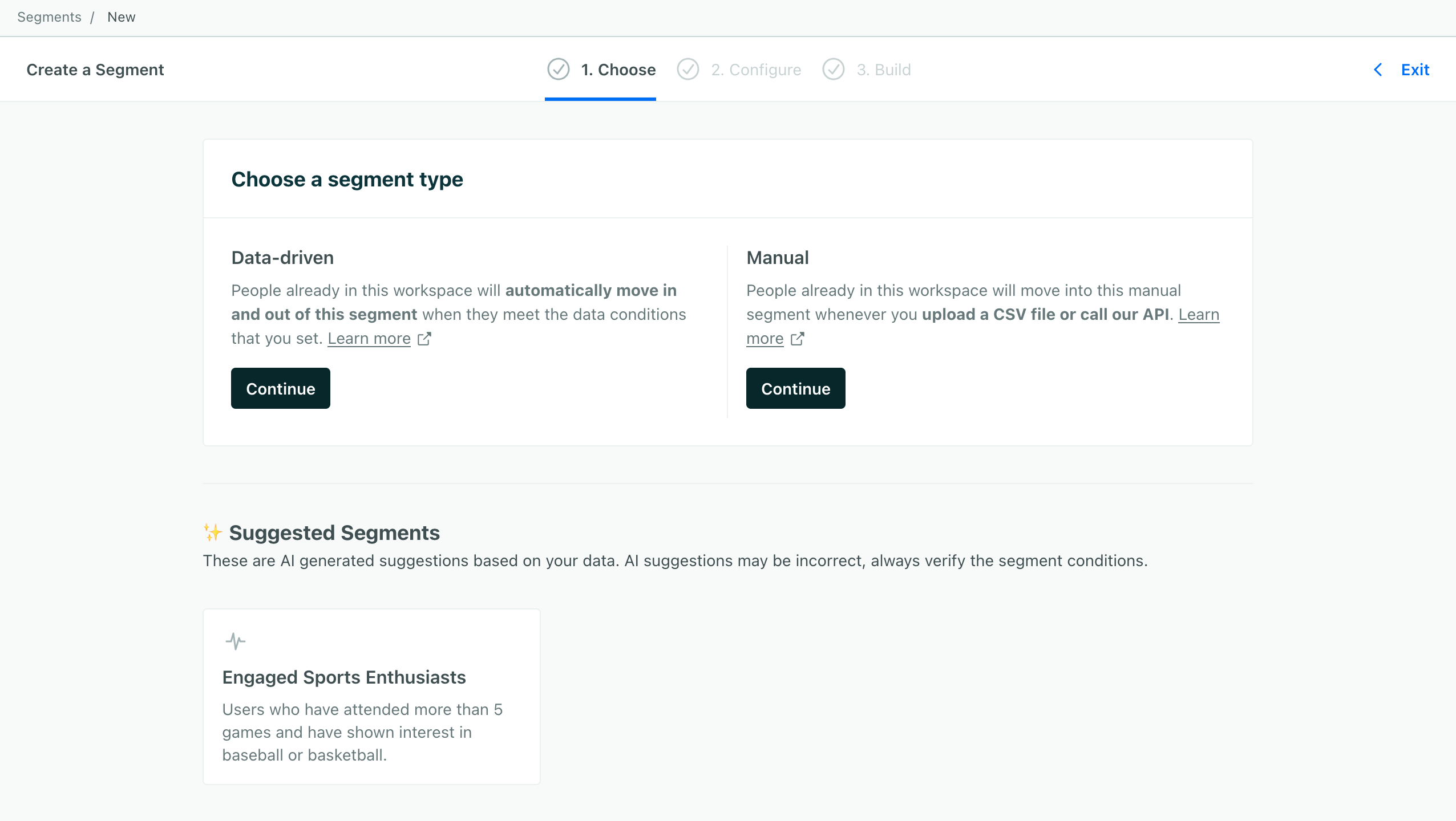 The create segment interface showing a suggested segment called Engaged Sports Enthusiasts