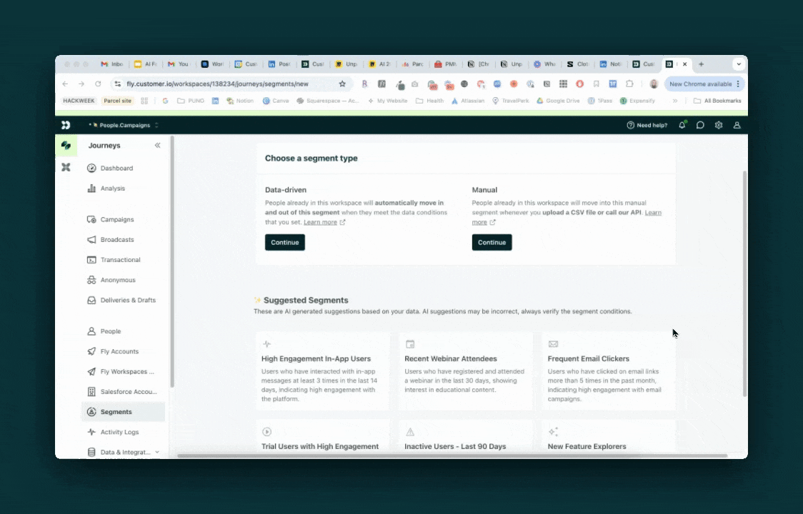 an animated GIF showing a list of 6 suggested segments