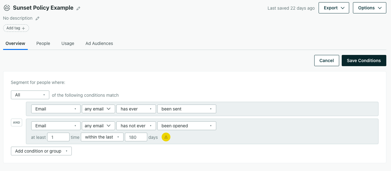 Sunset filter segment in Customer.io