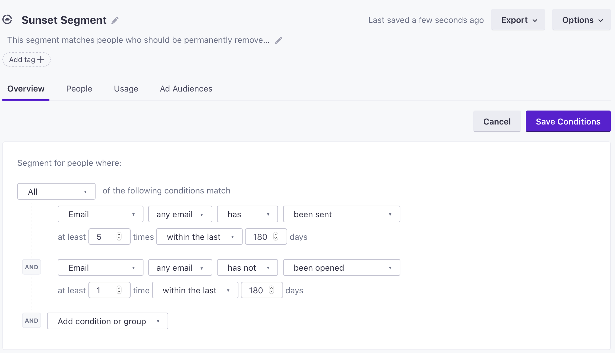 Sunset filter segment in Customer.io