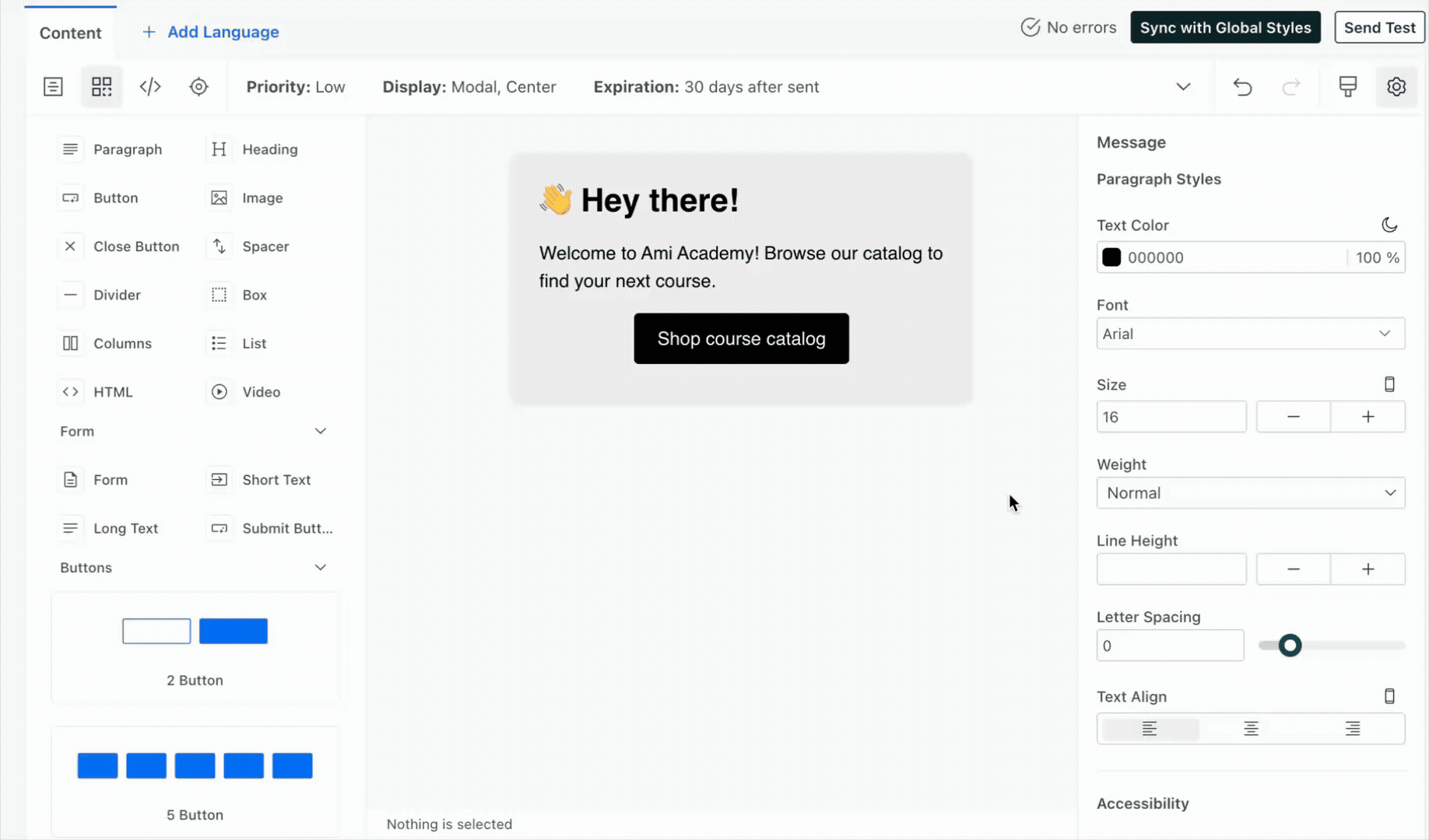 A video showing how the font was Arial and changed to Primary after clicking Sync with Global Styles.