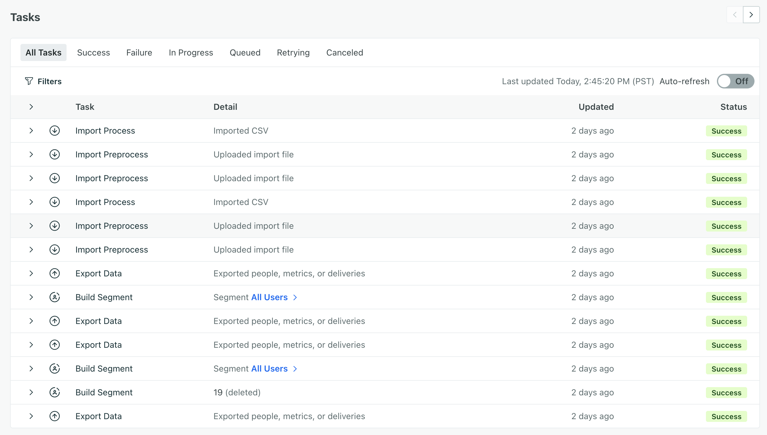 The list view of all tasks in a workspace.