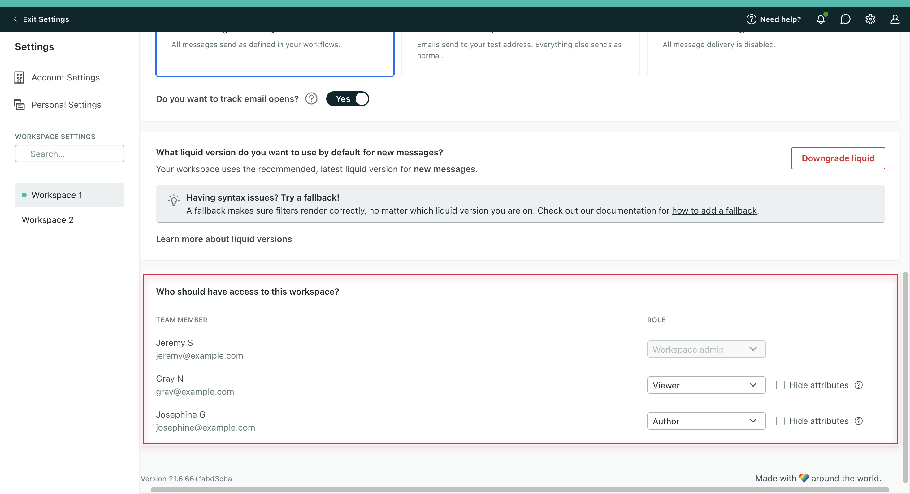 At the bottom of workspace settings is a table titled, Who should have access to this workspace? Three team members are listed. On the left are their names and email addresses. On the right are their workspace-level roles.