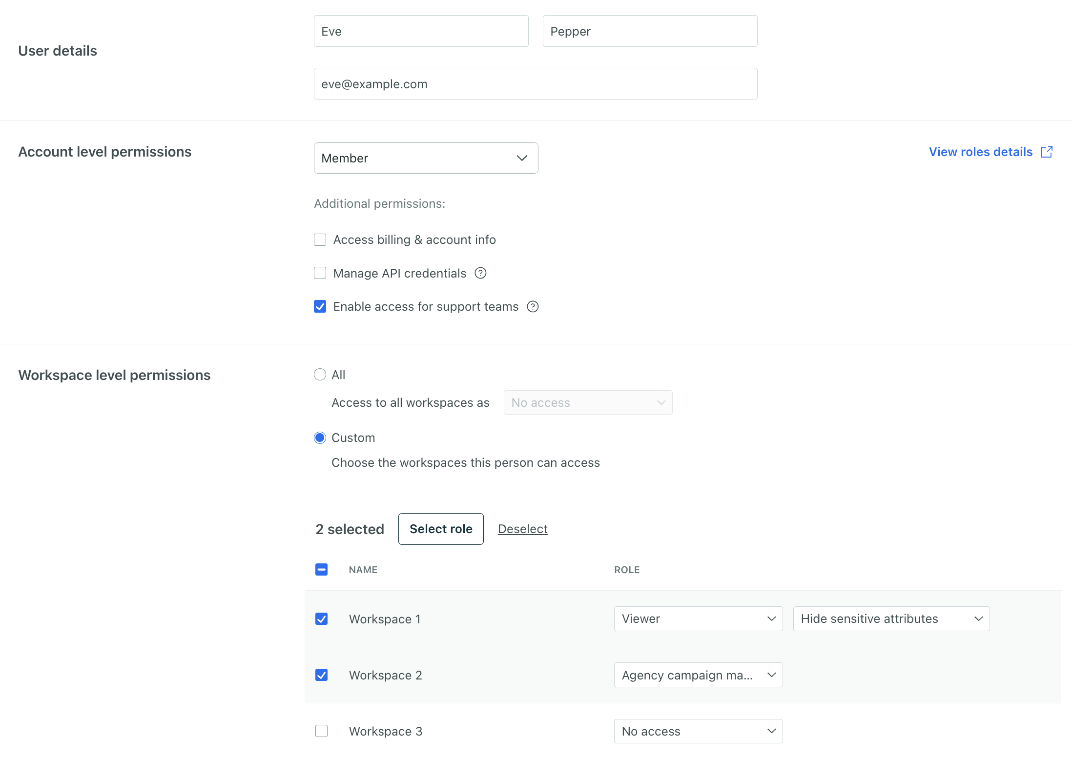 The invite team member page. This person is a mMember with the ability to grant support access and has access to two workspaces.