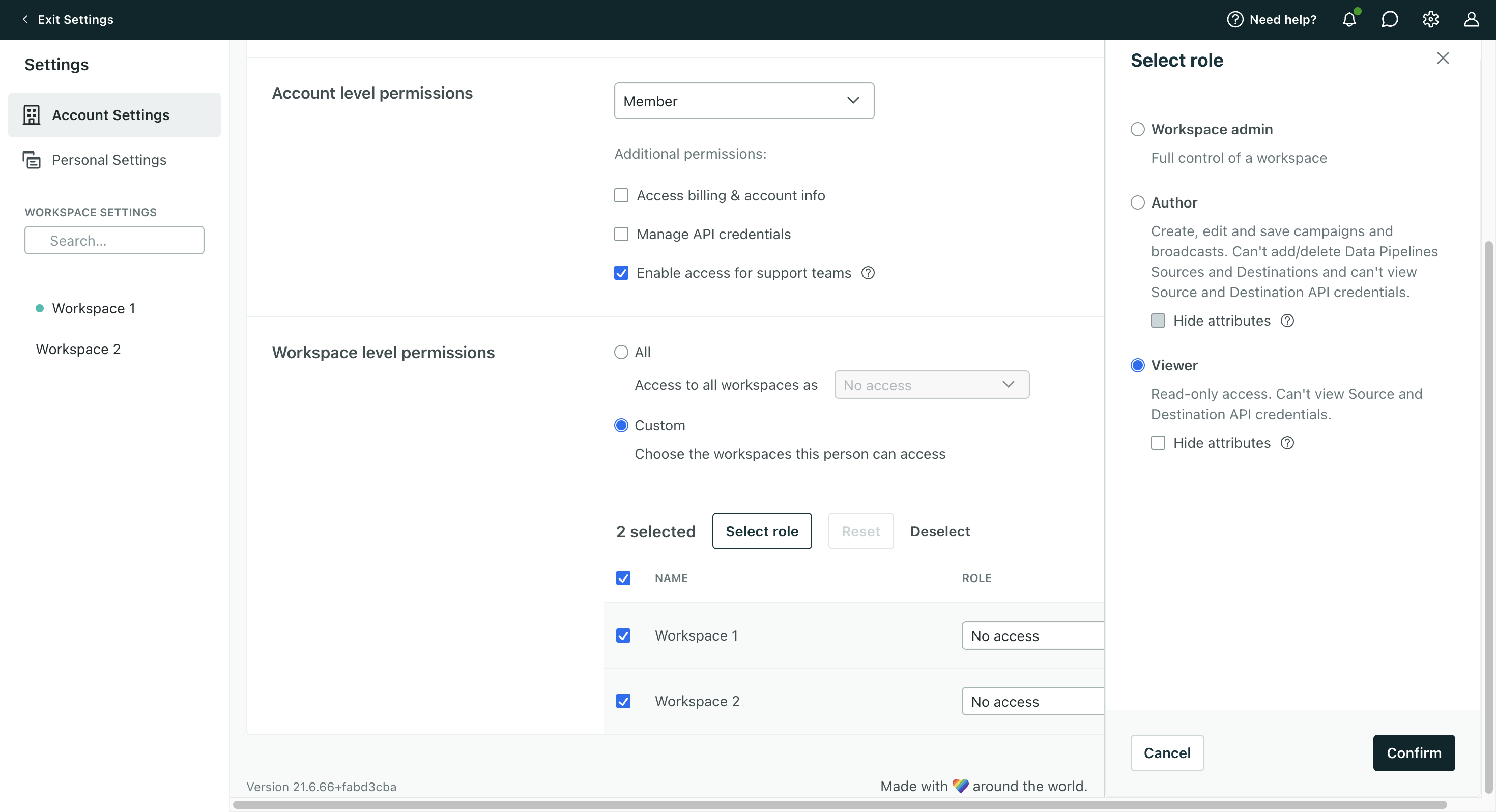 On the Invite team member page, there is a right-hand panel that takes up about one fifth of the screen. It is titled Select role. It lists Workspace admin, Author, and Viewer. The Viewer radial is selected. Hide attributes is not checked.