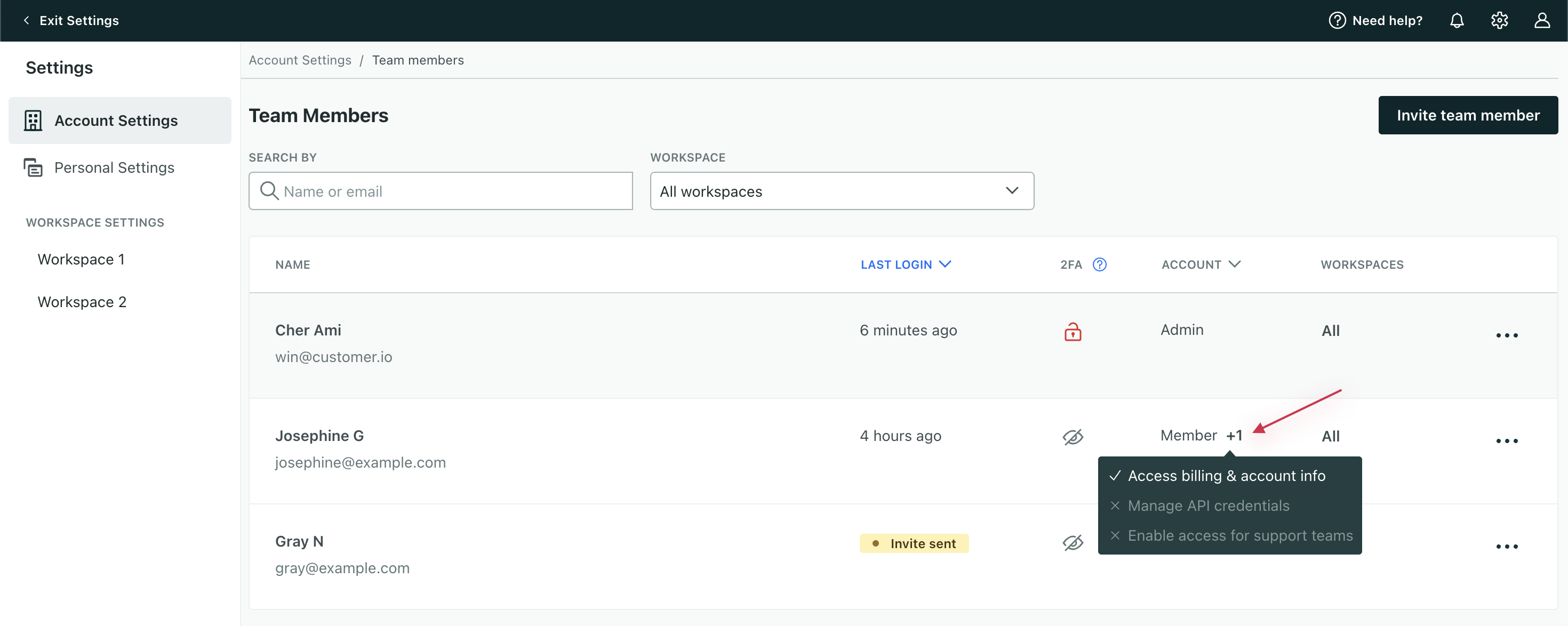 On the Team Members page, there is a table of three team members. The columns from left to right are Name, Last Login, 2FA, Account, and Workspaces. Under Account, the second team member is listed as a Member. To the right of Member is +1. The mouse hovers over +1 which reveals a list of three additional permissions the member could have. The first permission - Access billing & account info - has a checkmark to the left, meaning this person has access. The other two have an x to the left, meaning the person does not have those permissions.