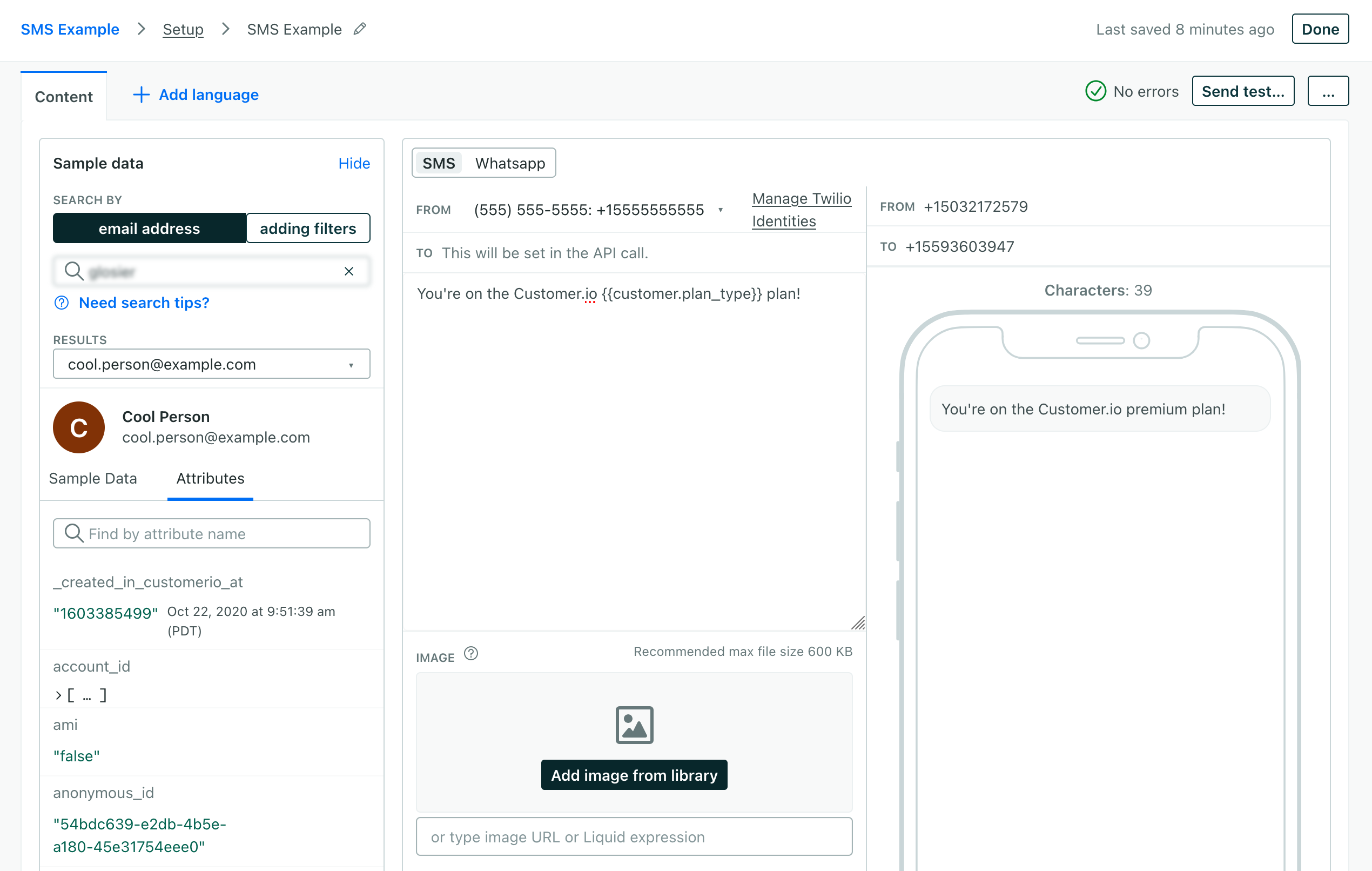Transactional message content screen, with a sample person selected, a text box for the message, and a preview of the message