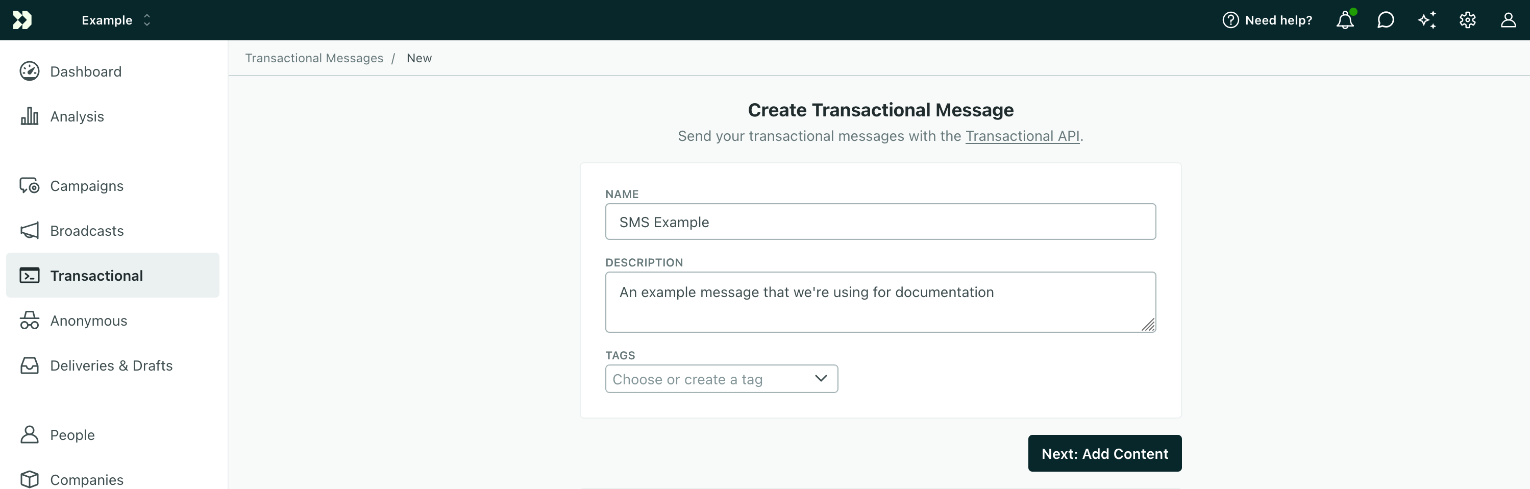 The transactional message's first screen, with fields for name, description, and tags