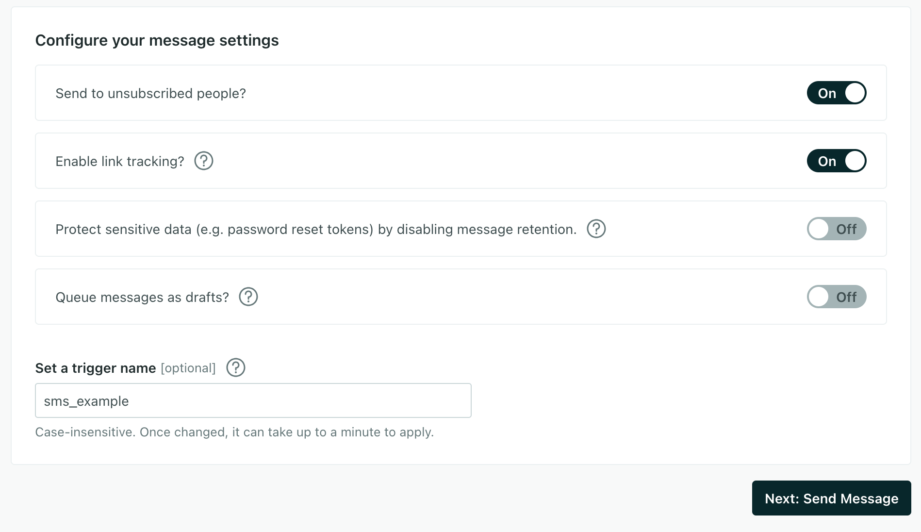 SMS settings, with toggles for basic settings and a text box for the trigger name