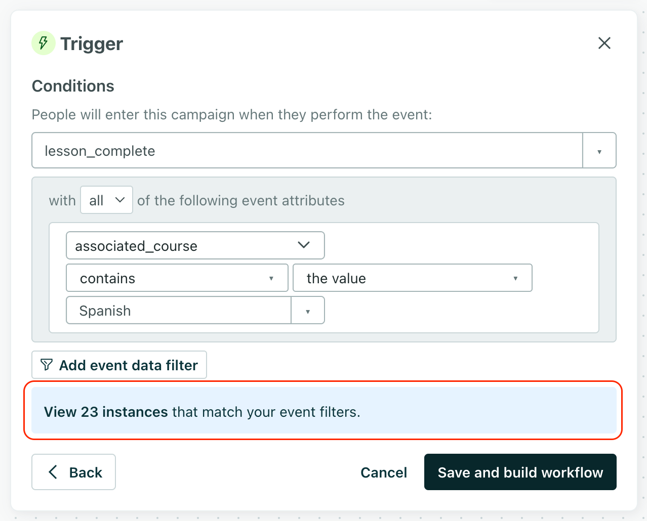 A trigger preview event that shows you can view 23 instances of events that match your criteria.
