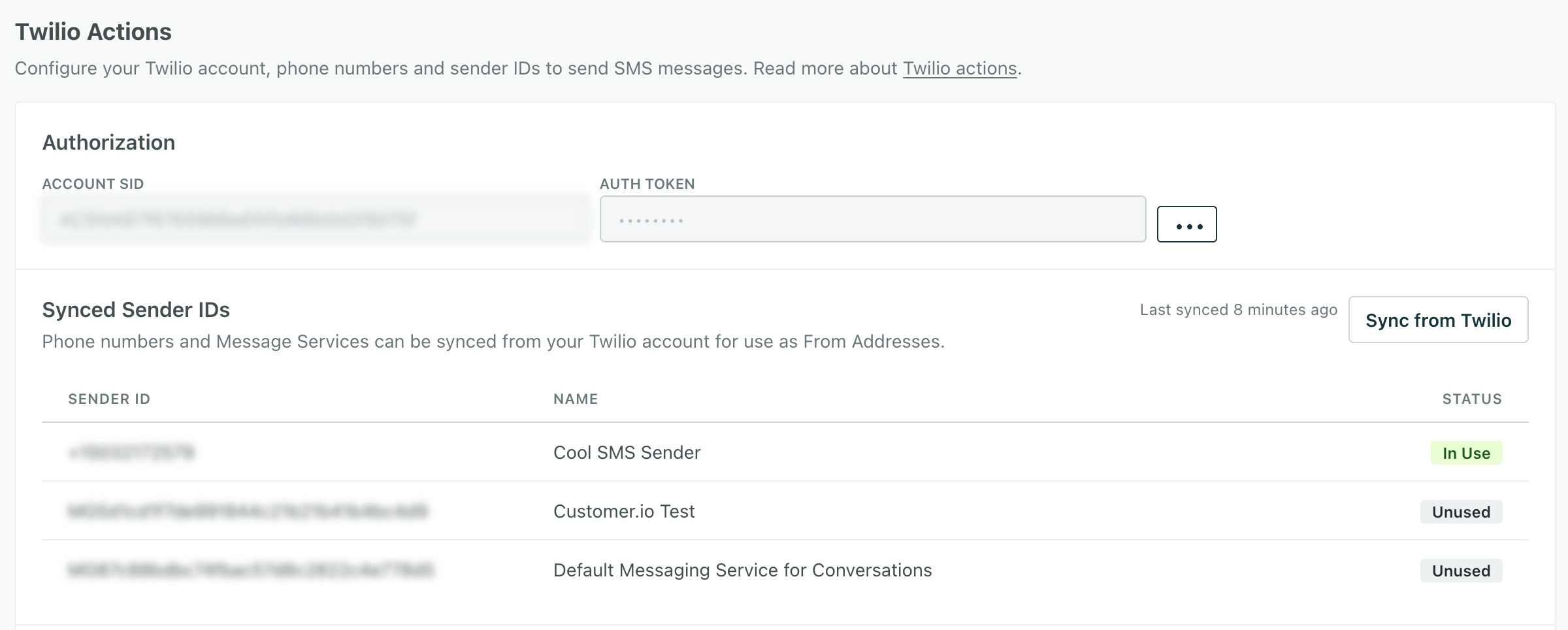 The Customer.io Twilio Settings page where you can sync your sender identities from Twilio.