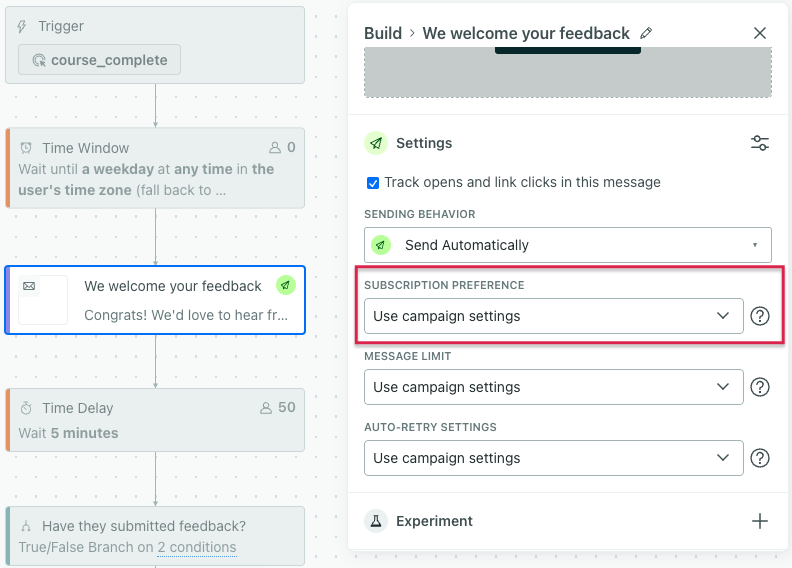 In a campaign, an email is selected on the canvas. On the right hand side, a panel appears. Under Settings, there's a dropdown called subscription preference. The option Use campaign settings is selected.