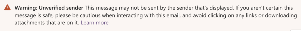 Unverified sender warning in a delievered email