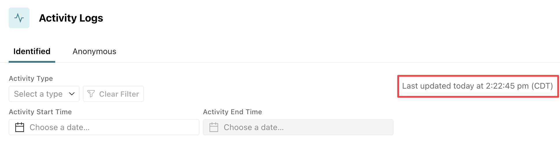 The top of the Activity Logs table shows a timestamp of Last updated today at 2:22:45pm CDT, where CDT is the user's current timezone.