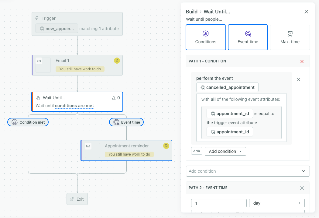 a workflow with a wait until action based on event properties