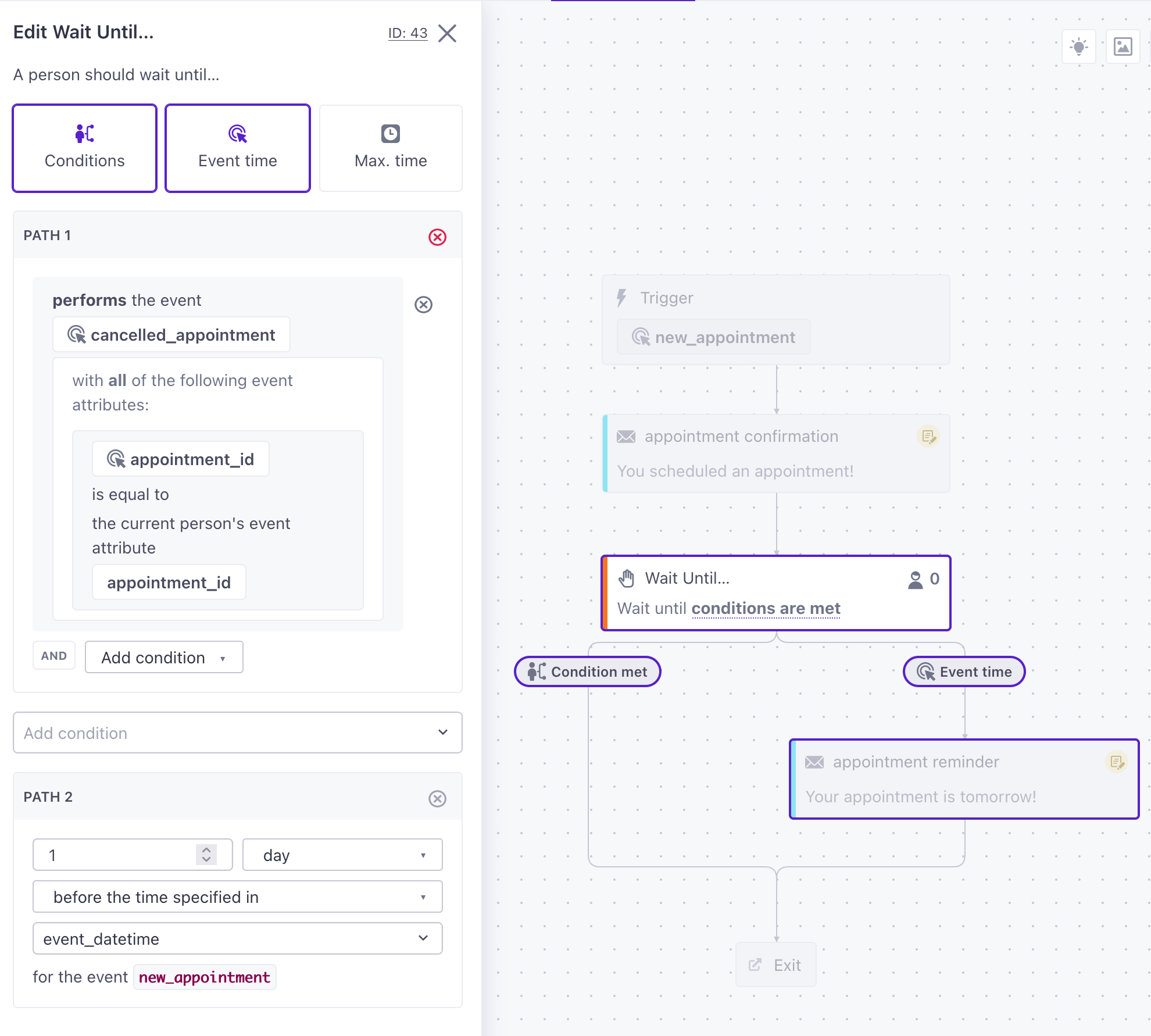 a workflow with a wait until action based on event properties