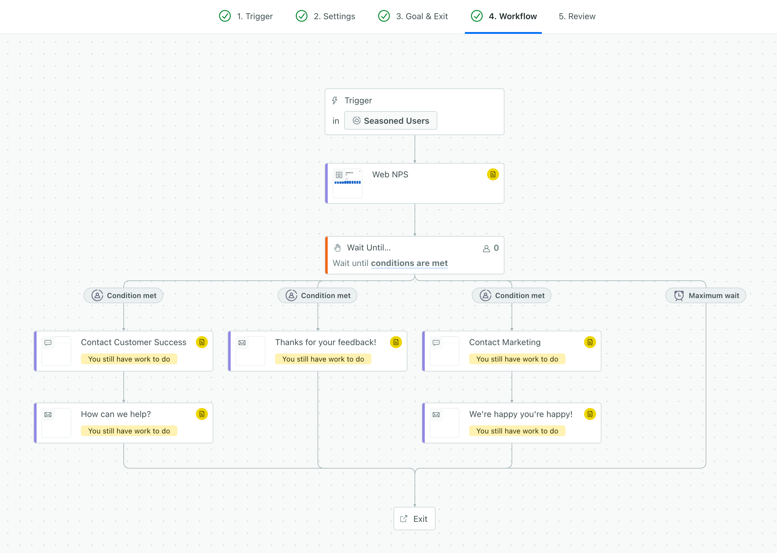 a complete web NPS workflow complete with a message and a wait block splitting people into promoters, passives, and detractors