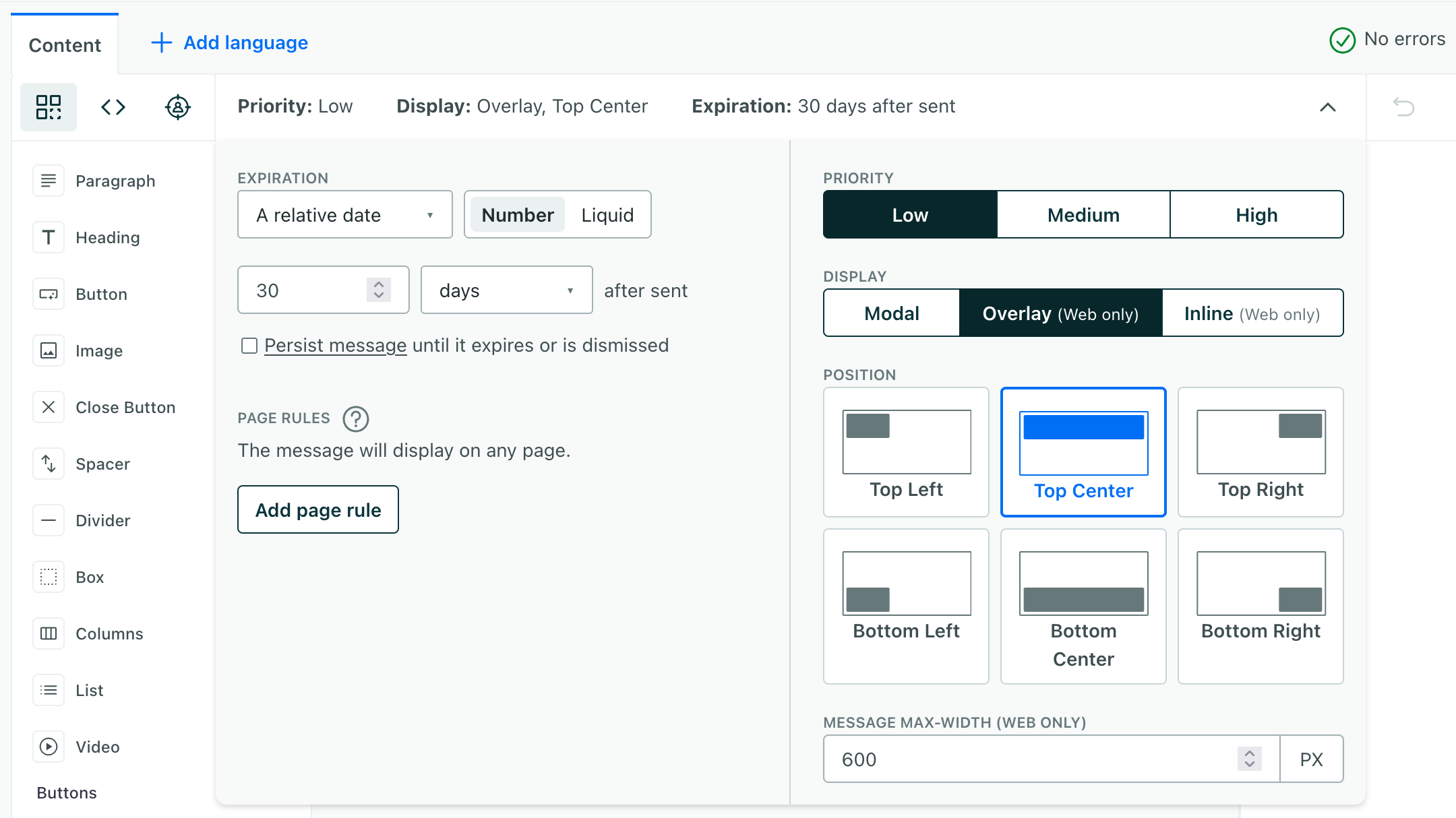 Position settings for your in-app message. This message is set up as an overlay with a 600px width.