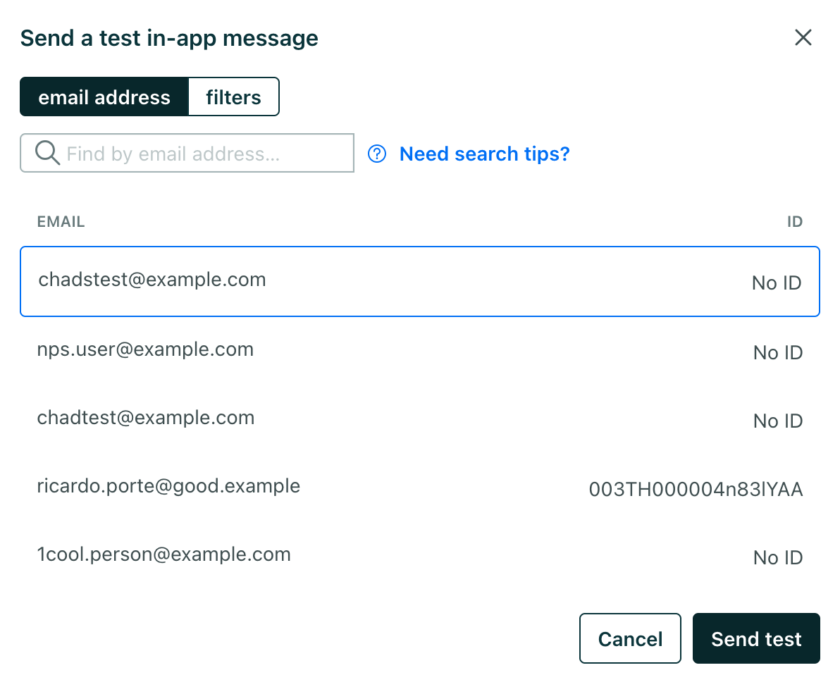 a list of email addresses with the first selected, ready to receive a test