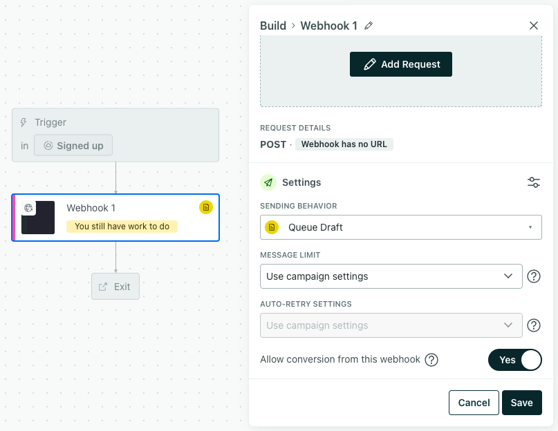 Shows the conversion toggle on the left hand pane of a webhook action item.