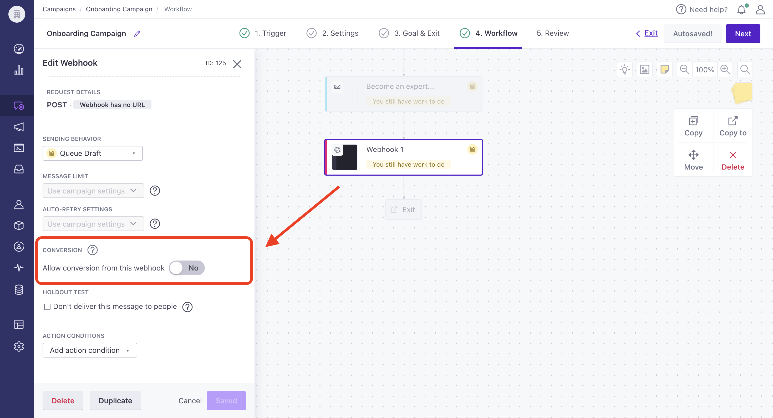 Shows the conversion toggle on the left hand pane of a webhook action item.