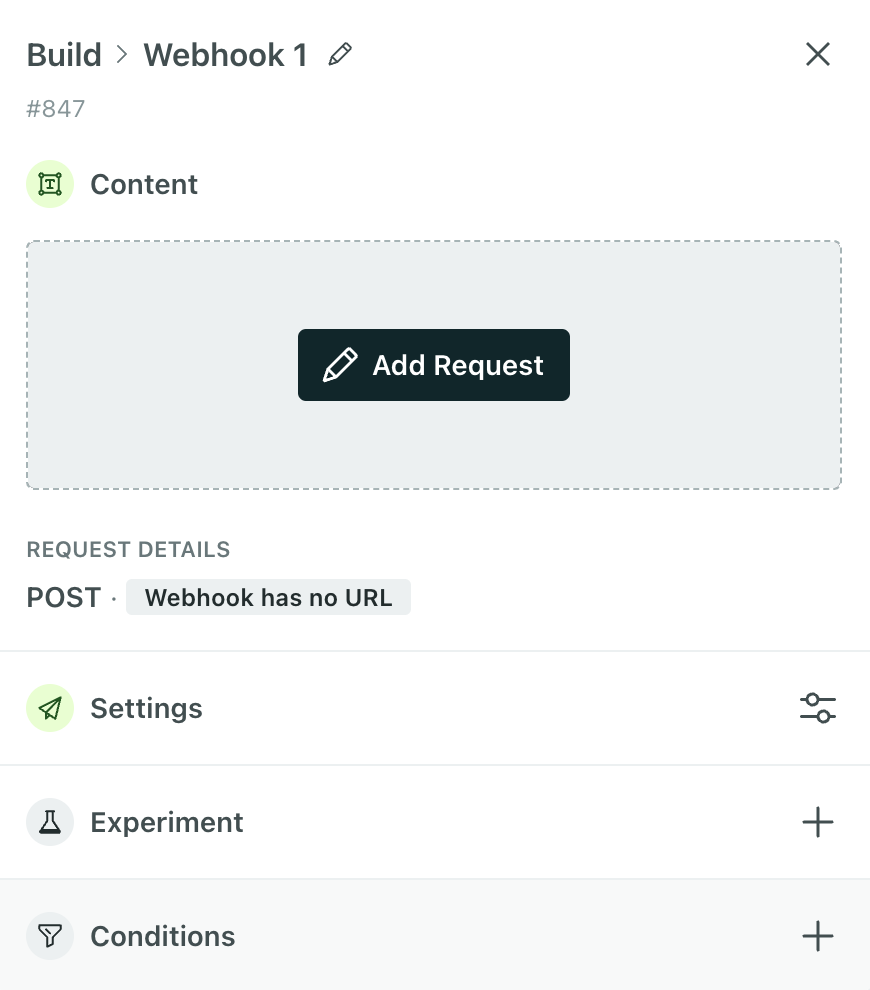 Within the webhook action panel, you can click Add Request under the webhook name at the top.