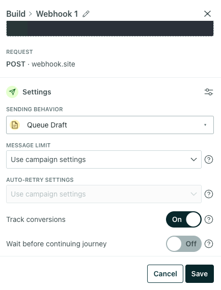 Shows the conversion toggle on the left hand pane of a webhook action item.
