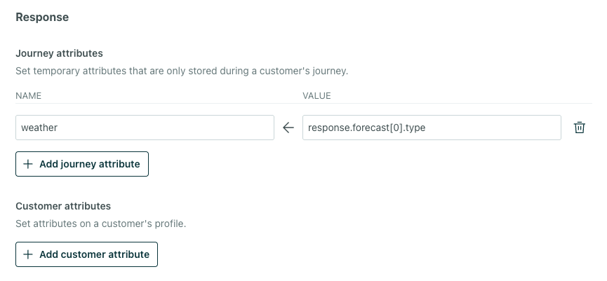 response tab with journey attributes on top followed by customer attribtues