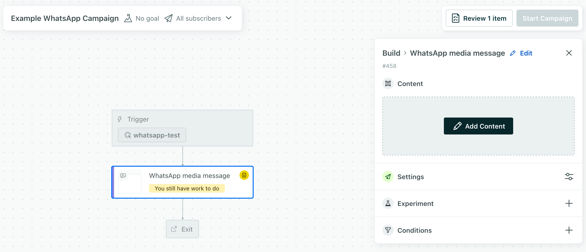 A campaign workflow with a single SMS message