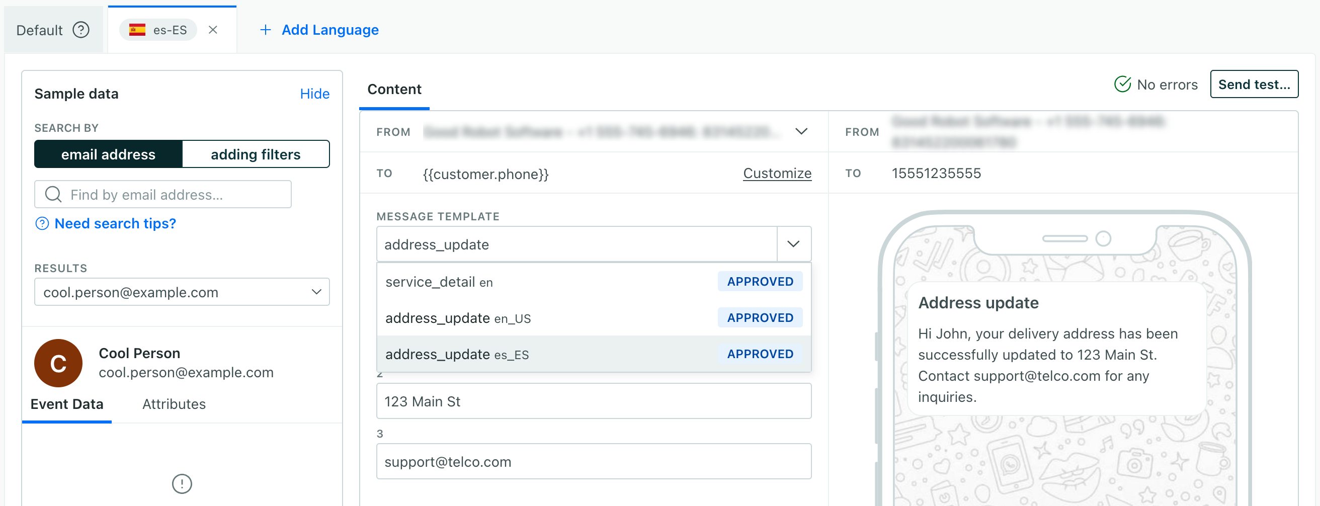 the whatsapp message builder with a template field dropdown showing messages in en-US and es-ES