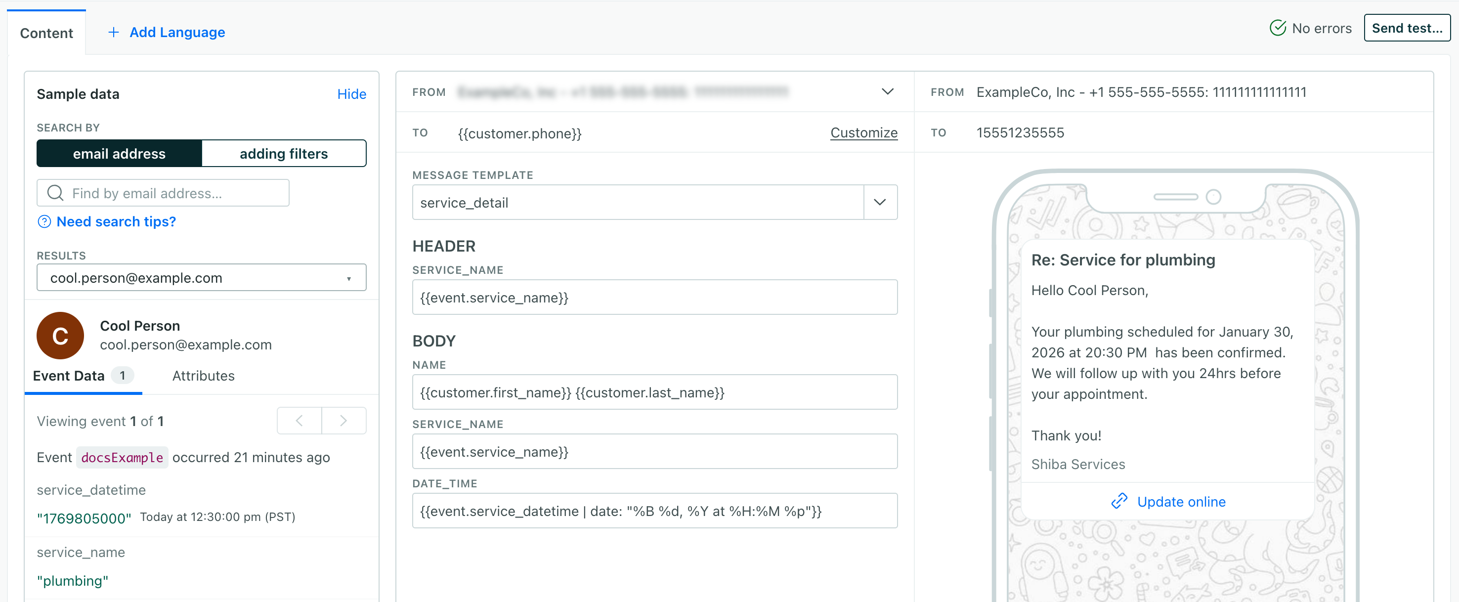 the whatsapp message builder with a template field selected