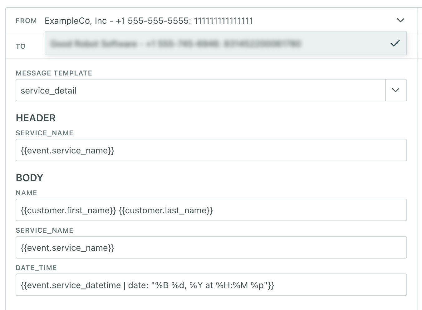 the whatsapp message builder with a sender field selected