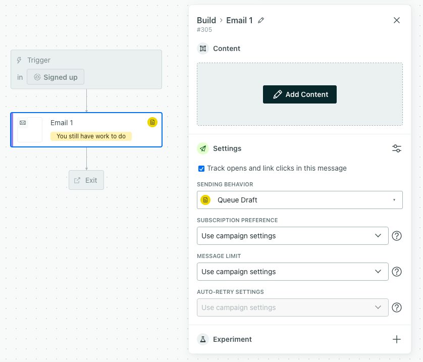 An email blocked is clicked on the workflow canvas. To the right of the email block is a panel. At the top is the name. Under the name is the button labelled add content.