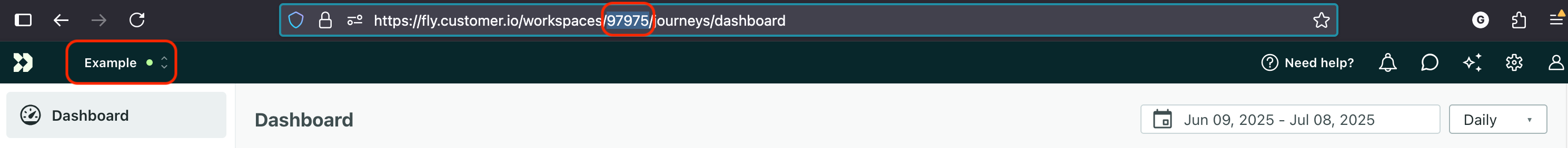 The workspace name in the upper-left and the ID in the URL