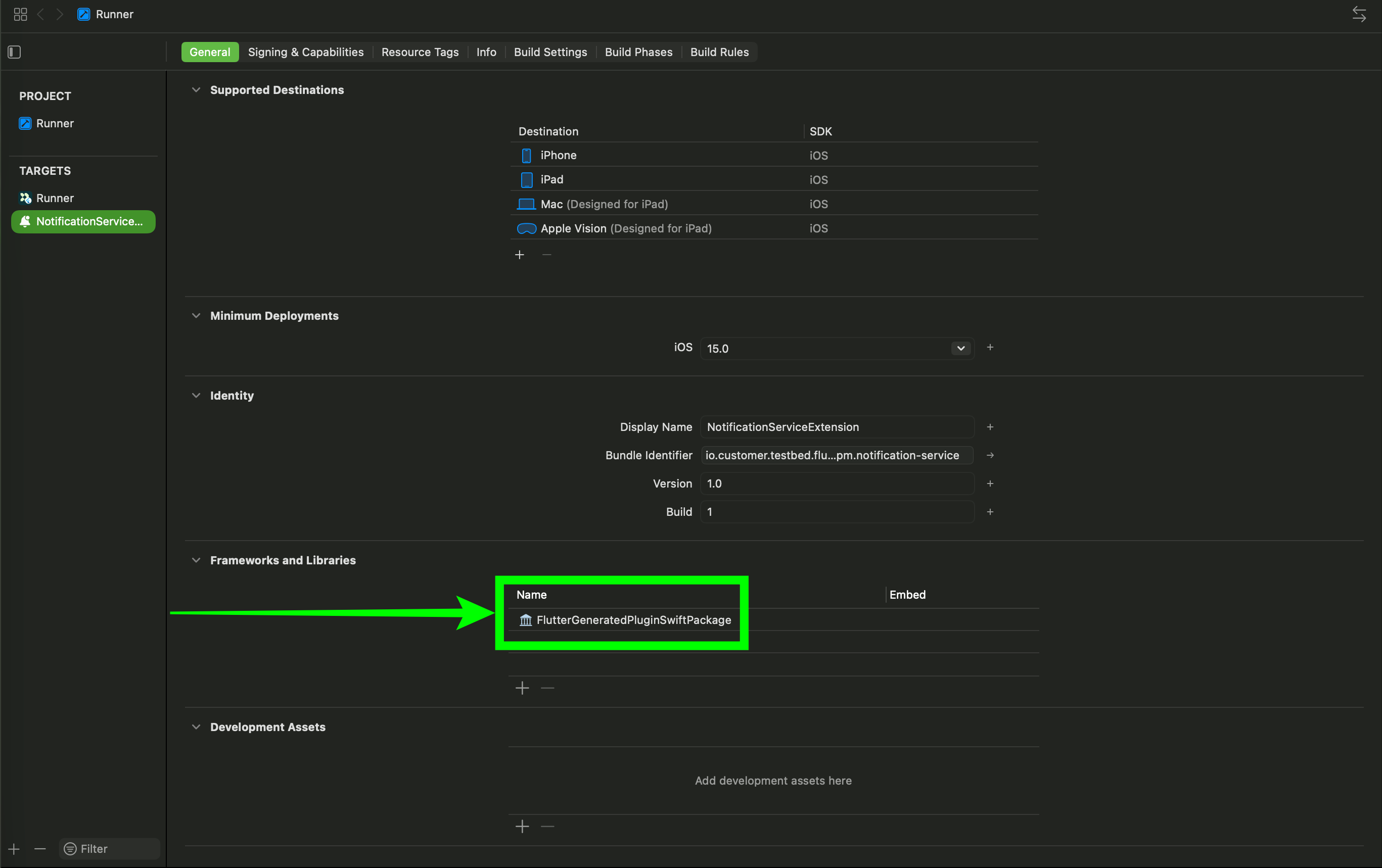 Add FlutterGeneratedPluginSwiftPackage to the NotificationServiceExtension target