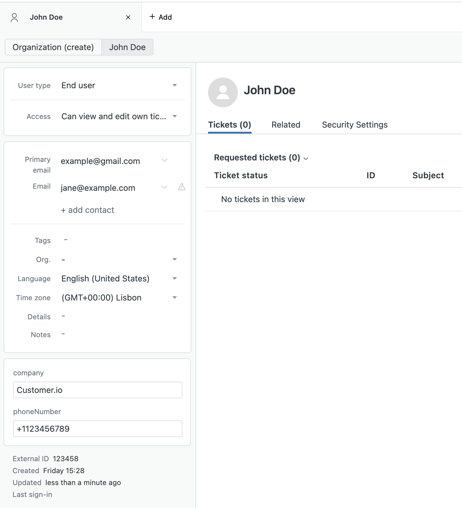 User fields shown on a zendesk user